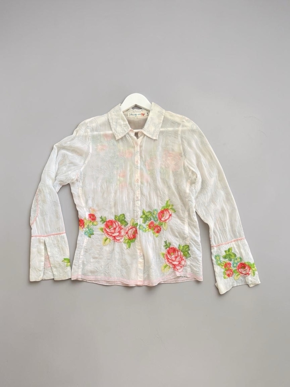 Vintage Johnny Was Sheer Embroidered Floral Fairy Button Up Blouse Size S Y2K